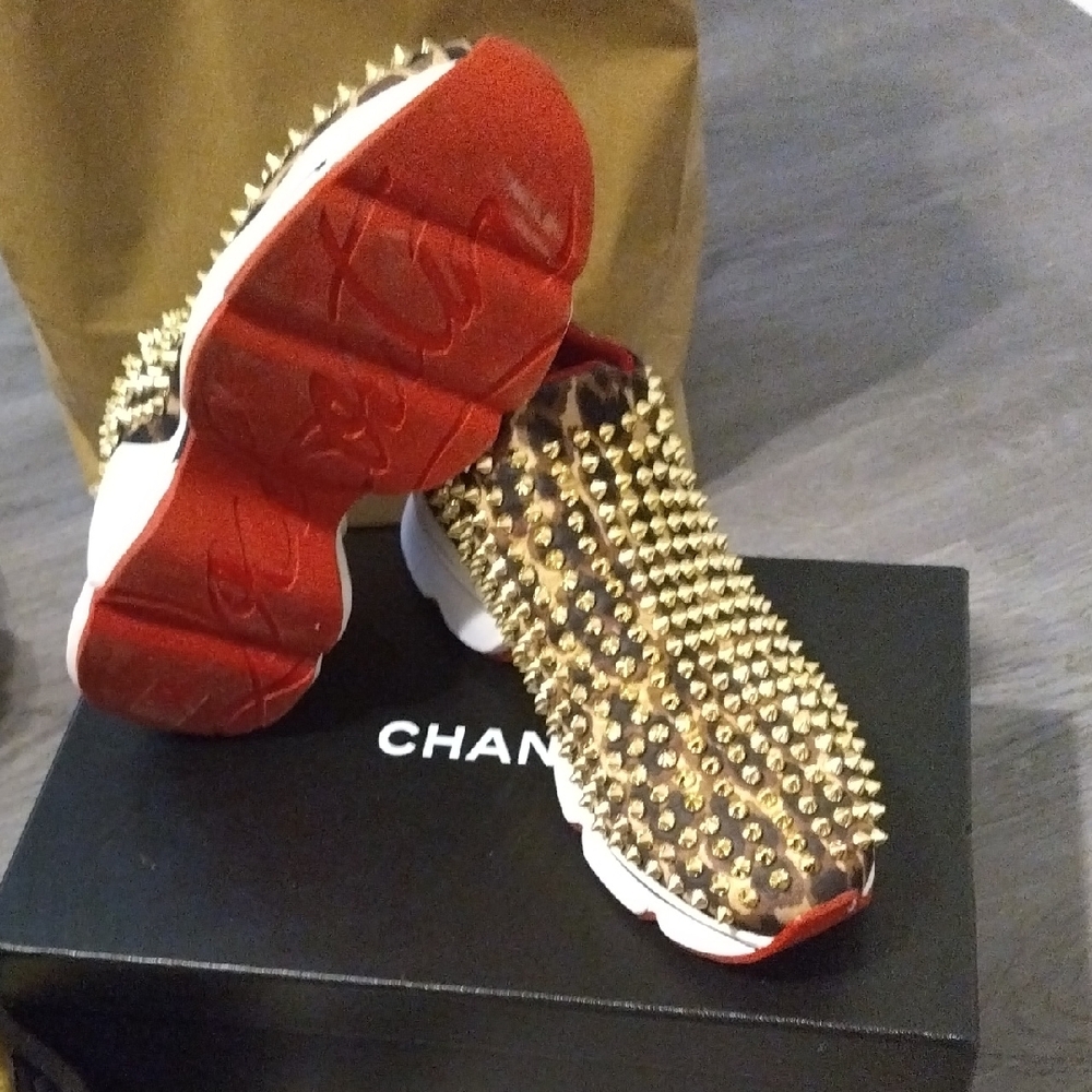 Christian Louboutin Gold and Red Spiked Sneakers